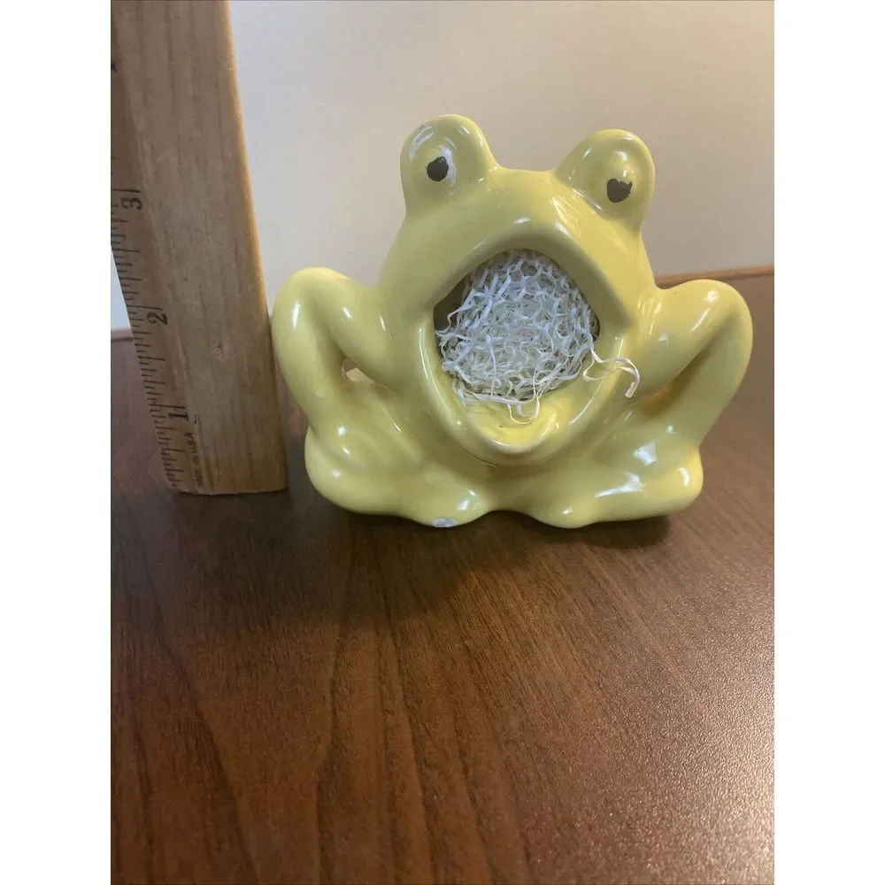 Vintage Yellow Ceramic SCRUBBER FROG Open Small Mouth SPONGE SOAP Holder‎